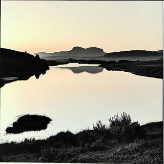 Ruincel style, Midjourney V6.1: realistic landscape photograph of quiet dawn