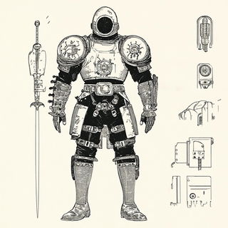 Darkroom Nacre style, Midjourney V6.1: concept art character design of retropunk steam knight