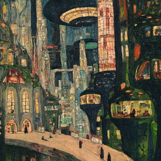 Paintquake Colossals style, Midjourney V6.1: megacity with futuristic bioarchitecture