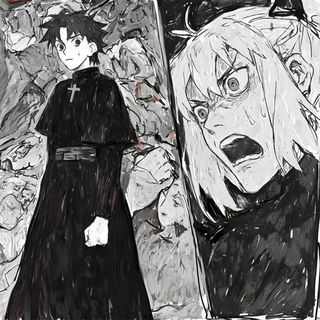 Paintquake Colossals style, Midjourney V6.1: black-and-white manga comic strip