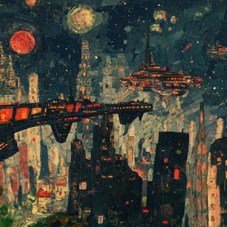 Paintquake Colossals style, Midjourney V6.1: cinematic shot from sci-fi movie