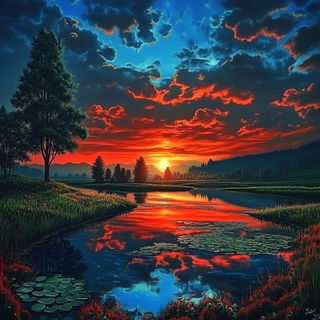 Vatblack Orbitals style, Midjourney V6.1: realistic landscape photograph of quiet dawn