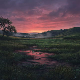 Gothic Lithic Emblem style, Midjourney V6.1: realistic landscape photograph of quiet dawn