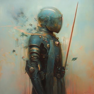 Manticore Redoubt style, Midjourney V6.1: concept art character design of retropunk steam knight
