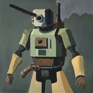Puppetmaster Suburbia style, Midjourney V6.1: concept art character design of retropunk steam knight