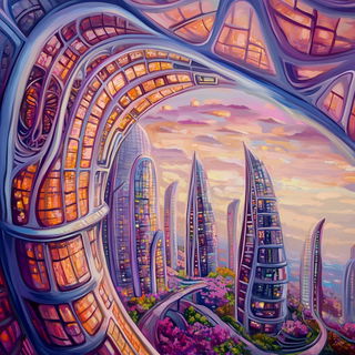 Xyloglyph style, Midjourney V6.1: megacity with futuristic bioarchitecture