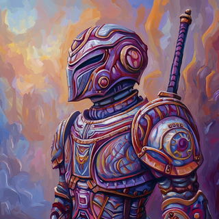 Xyloglyph style, Midjourney V6.1: concept art character design of retropunk steam knight