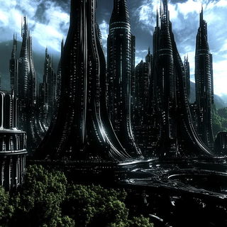 Striature style, Midjourney V6.1: megacity with futuristic bioarchitecture