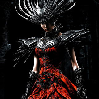 Striature style, Midjourney V6.1: haute-couture fashion outfit