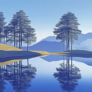 Mistsaucer Modernism style, Midjourney V6.1: realistic landscape photograph of quiet dawn
