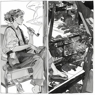 Briarshield Atelier style, Midjourney V6.1: black-and-white manga comic strip