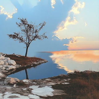 Ultraviolet Megalith style, Midjourney V6.1: realistic landscape photograph of quiet dawn
