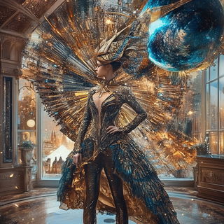Paper Aviary style, Midjourney V6.1: haute-couture fashion outfit