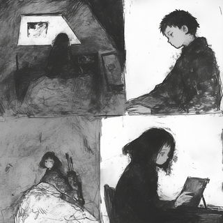 Bluebell Meridian style, Midjourney V6.1: black-and-white manga comic strip