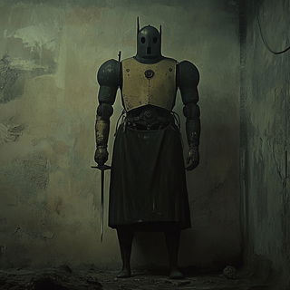 Aeromosaic style, Midjourney V6.1: concept art character design of retropunk steam knight