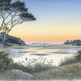 Decklefire Narrative style, Midjourney V6.1: realistic landscape photograph of quiet dawn