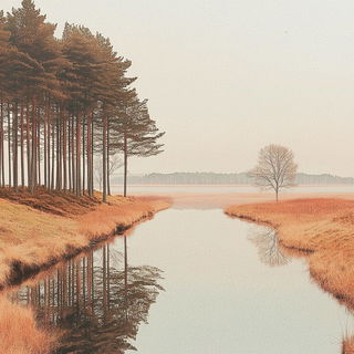 Moonletter Signworks style, Midjourney V6.1: realistic landscape photograph of quiet dawn