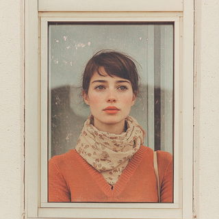 Moonletter Signworks style, Midjourney V6.1: photographic portrait of female protagonist