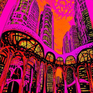 Vitrail Torrent style, Midjourney V6.1: megacity with futuristic bioarchitecture