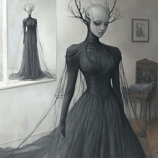 Brushmire style, Midjourney V6.1: haute-couture fashion outfit