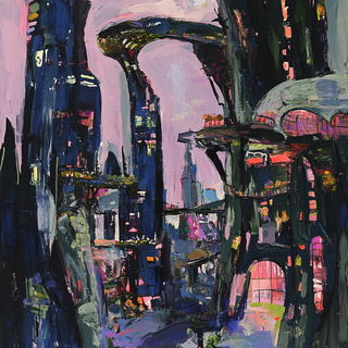 Inkfeather style, Midjourney V6.1: megacity with futuristic bioarchitecture