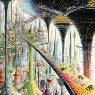 Plasma Naskh style, Midjourney V6.1: megacity with futuristic bioarchitecture