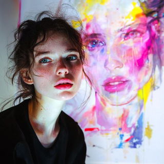 Chromalithocopy style, Midjourney V6.1: photographic portrait of female protagonist