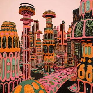 Firewater Plate style, Midjourney V6.1: megacity with futuristic bioarchitecture