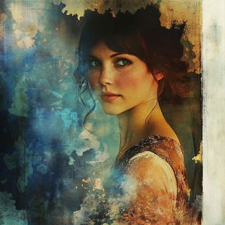 Marbleflux style, Midjourney V6.1: photographic portrait of female protagonist