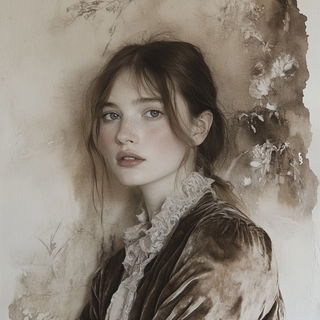 Kaleidoscript style, Midjourney V6.1: photographic portrait of female protagonist