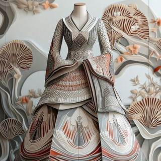 Cardboard Cosmography style, Midjourney V6.1: haute-couture fashion outfit