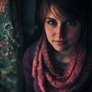 Gogglegrin style, Midjourney V6.1: photographic portrait of female protagonist