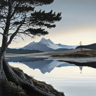 Serigraphyl style, Midjourney V6.1: realistic landscape photograph of quiet dawn