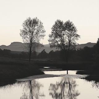 Neonmetallurgy style, Midjourney V6.1: realistic landscape photograph of quiet dawn
