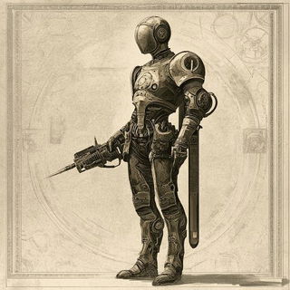 Ophidermask style, Midjourney V6.1: concept art character design of retropunk steam knight