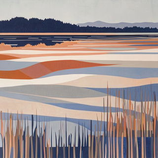 Fogweave Analogics style, Midjourney V6.1: realistic landscape photograph of quiet dawn