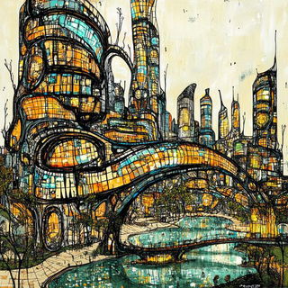 Contourcel Voyagers style, Midjourney V6.1: megacity with futuristic bioarchitecture