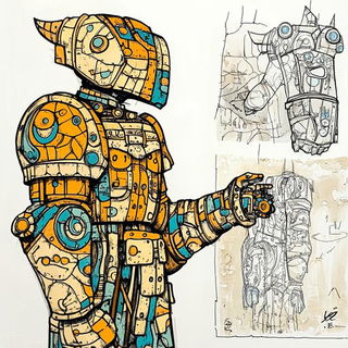 Contourcel Voyagers style, Midjourney V6.1: concept art character design of retropunk steam knight