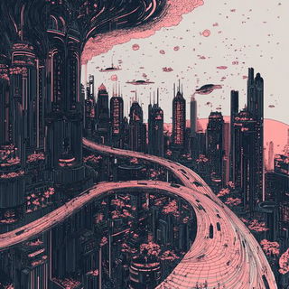 Ocher Arch Pantomime style, Midjourney V6.1: megacity with futuristic bioarchitecture