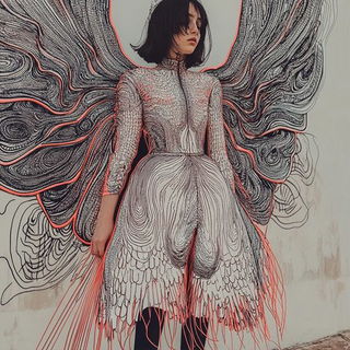 Ocher Arch Pantomime style, Midjourney V6.1: haute-couture fashion outfit