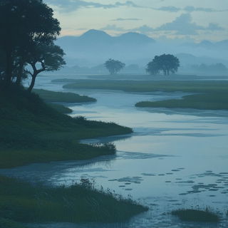 Glyphflora style, Midjourney V6.1: realistic landscape photograph of quiet dawn