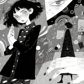 Particlefjord style, Midjourney V6.1: black-and-white manga comic strip