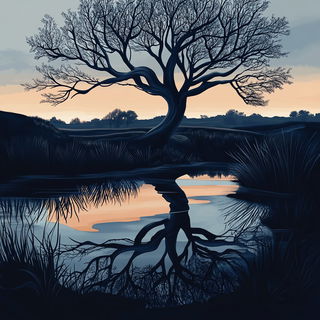 Graphitome style, Midjourney V6.1: realistic landscape photograph of quiet dawn