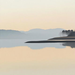 Machinogravure style, Midjourney V6.1: realistic landscape photograph of quiet dawn