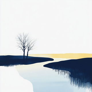 Engravingabulist style, Midjourney V6.1: realistic landscape photograph of quiet dawn