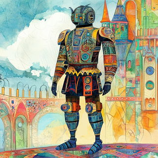 Citrine Biomechanical Array style, Midjourney V6.1: concept art character design of retropunk steam knight