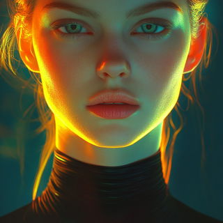 Banded Caravan Chromatics style, Midjourney V6.1: photographic portrait of female protagonist