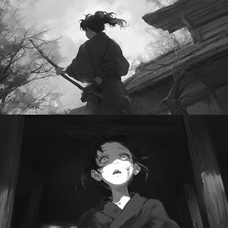 Cineforge style, Midjourney V6.1: black-and-white manga comic strip