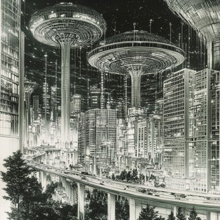 Ochre Moonline style, Midjourney V6.1: megacity with futuristic bioarchitecture