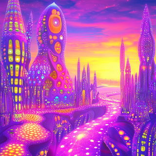 Lavendark style, Midjourney V6.1: megacity with futuristic bioarchitecture